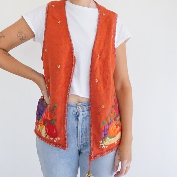 Tiara International Sweaters - Vintage Tiara Orange Embroidered Pumpkin Harvest Halloween Folk Art Zip Vest L
